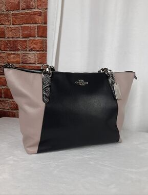 Coach  Leather Tote Bag With Snakeskin Straps And Accents